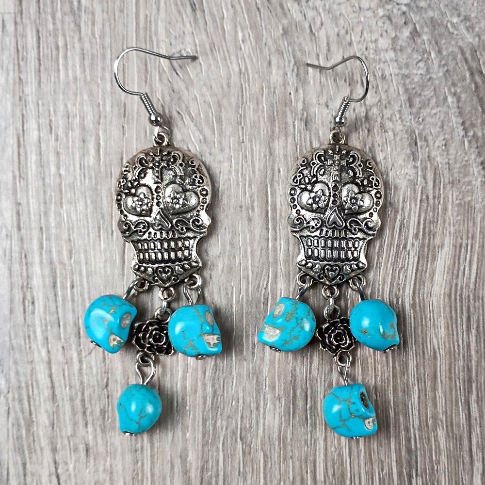 Handcrafted Skull Dangle Earrings Silver Turquoise Hook Decorative Floral Hearts